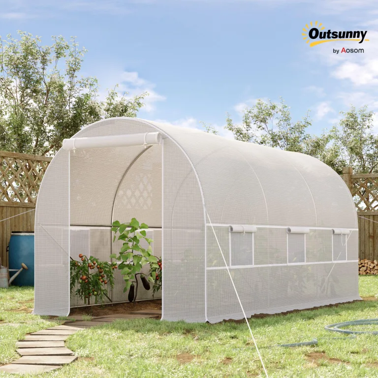 Outsunny Tunnel Gartengewächshaus 8m², Tunnel Gartengewächshaus 400x200x200cm mit Metallrahmen, 1 Tür und 6 Fenstern, für Außenbereich, Gemüse, Obst, hochdichte PE-Plane 140 g/m², weiß – Bild 2