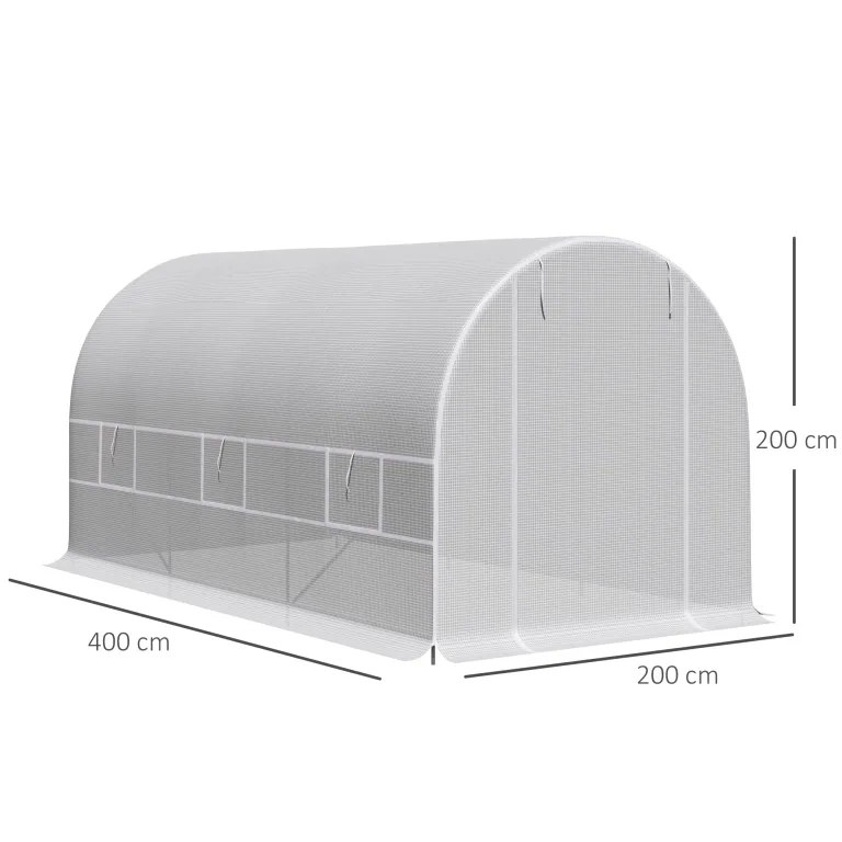 Outsunny Tunnel Gartengewächshaus 8m², Tunnel Gartengewächshaus 400x200x200cm mit Metallrahmen, 1 Tür und 6 Fenstern, für Außenbereich, Gemüse, Obst, hochdichte PE-Plane 140 g/m², weiß – Bild 7