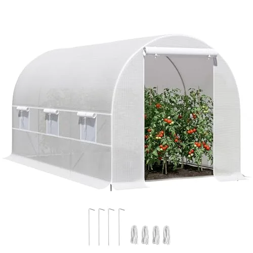 Outsunny Tunnel Gartengewächshaus 8m², Tunnel Gartengewächshaus 400x200x200cm mit Metallrahmen, 1 Tür und 6 Fenstern, für Außenbereich, Gemüse, Obst, hochdichte PE-Plane 140 g/m², weiß – Bild 10