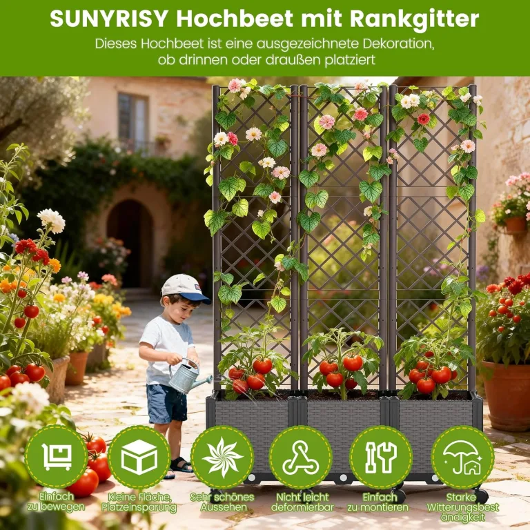 SUNYRISY Hochbeet mit Rankgitter, Blumenkasten mit Rankhilfe und Rollenrad, 3 Stück Garten Planter Box mit Rädern und Sichtschutz, Selbstbewässerung Pflanzkasten Pflanzkübel für Kletterpflanzen – Bild 5