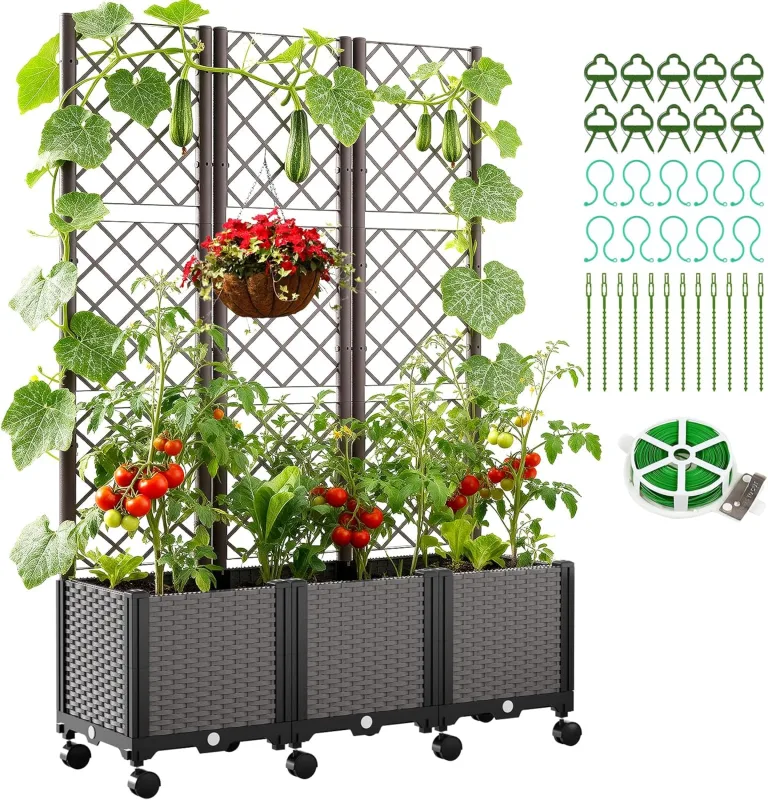 SUNYRISY Hochbeet mit Rankgitter, Blumenkasten mit Rankhilfe und Rollenrad, 3 Stück Garten Planter Box mit Rädern und Sichtschutz, Selbstbewässerung Pflanzkasten Pflanzkübel für Kletterpflanzen – Bild 1