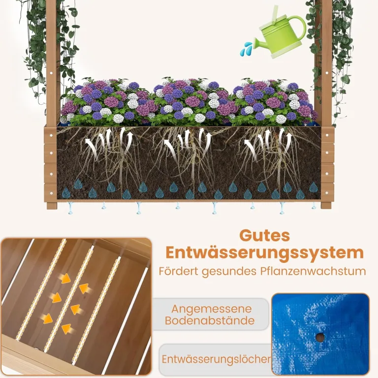 COSTWAY Blumenkasten mit Rankgitter & hängendem Dach, Pflanzkasten mit Rankhilfe & Einsatz, Hochbeet für Kletterpflanzen & hängende Körbe, für Hof Garten Terrasse, Holz, Braun, 110 x 40 x 124 cm – Bild 5