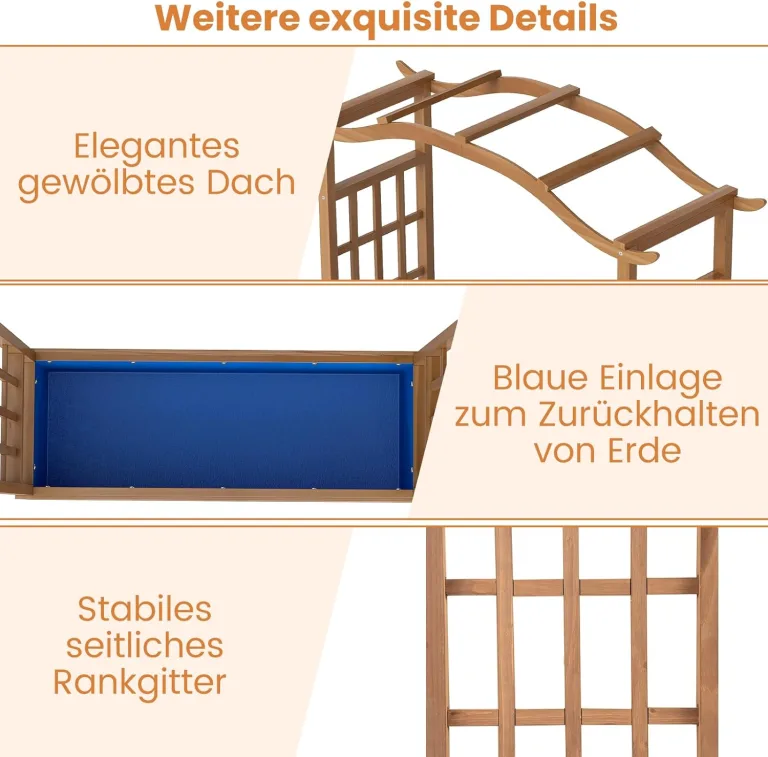 COSTWAY Blumenkasten mit Rankgitter & hängendem Dach, Pflanzkasten mit Rankhilfe & Einsatz, Hochbeet für Kletterpflanzen & hängende Körbe, für Hof Garten Terrasse, Holz, Braun, 110 x 40 x 124 cm – Bild 6