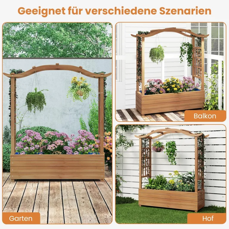 COSTWAY Blumenkasten mit Rankgitter & hängendem Dach, Pflanzkasten mit Rankhilfe & Einsatz, Hochbeet für Kletterpflanzen & hängende Körbe, für Hof Garten Terrasse, Holz, Braun, 110 x 40 x 124 cm – Bild 8
