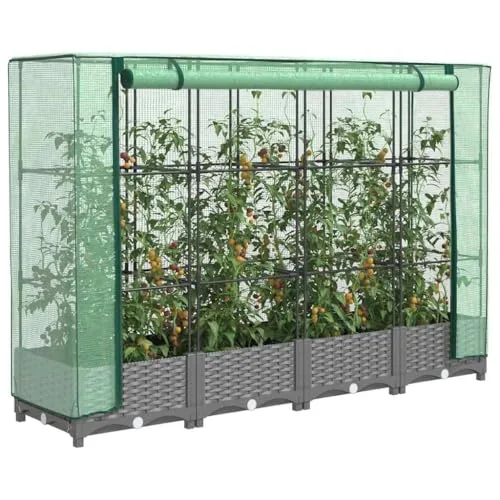 Hommdiy Hochbeet mit Gewächshaus-Aufsatz Rattan-Optik 160x40x123 cm rattanoptik Pflanzkübel Blumenkübel Großer Blumentopf Outdoor Hellgrau – Bild 10