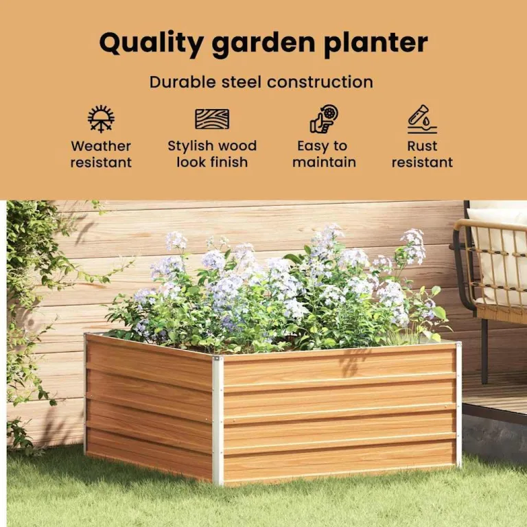 vidaXL Hochbeet Hellbraun 100 x 100 x 45 cm Verzinkter Stahl, Garten und Terrasse, Stabiler Metall-Wannen-Kübel, Hochbeet, Pflanzenbox für Outdoor-Kräuter und Blumen – Bild 4