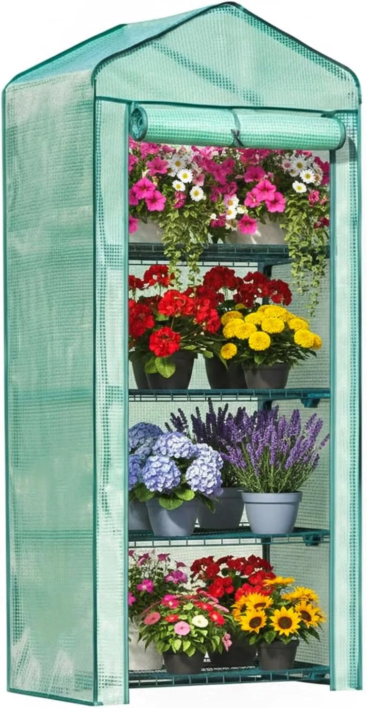 Foliengewächshaus mit 4 Etagen, 158x69x50 cm - Mini Gewächshaus, Tomatengewächshaus & Pflanzenschutzzelt - Winterfest, Stabil & Einfach zu Montieren für Balkon und Garten (Grün) – Bild 1