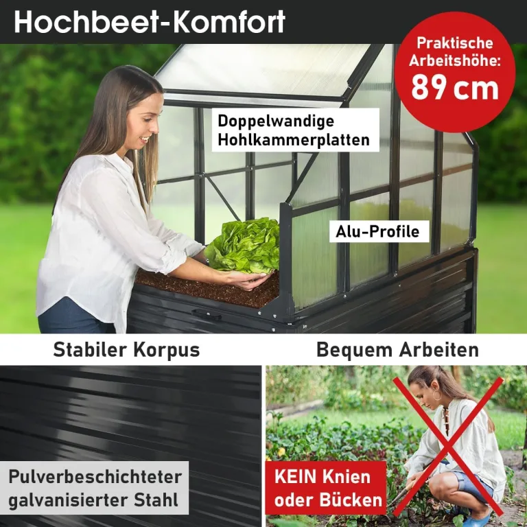 BRAST 2in1 Hochbeet mit Alu Gewächshaus-Aufsatz | Integriertes Drainage-System | 2 Größen zur Auswahl | wetterfest | 4mm Hohlkammerplatten | 2 Pflanzwannen | Pflanzbeet | 120x80x167cm – Bild 4