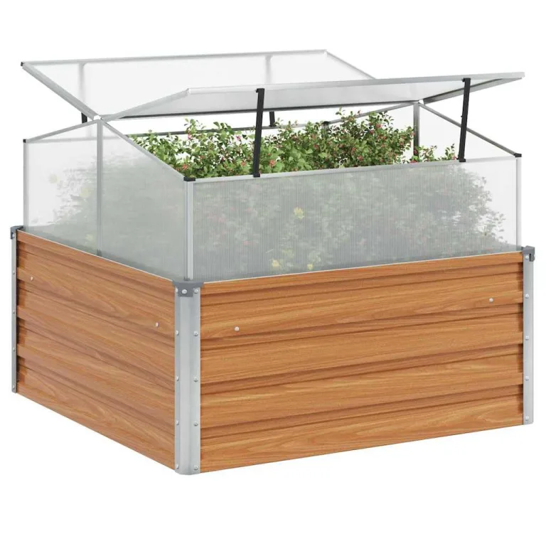 vidaXL Gartenpflanzer mit Gewächshaus Hellbraun 100 x 100 x 77 cm, Garten- und Terrassen-Planter, robuster Stahl, rechteckig, wetterfestes Industrie-Behälter – Bild 1