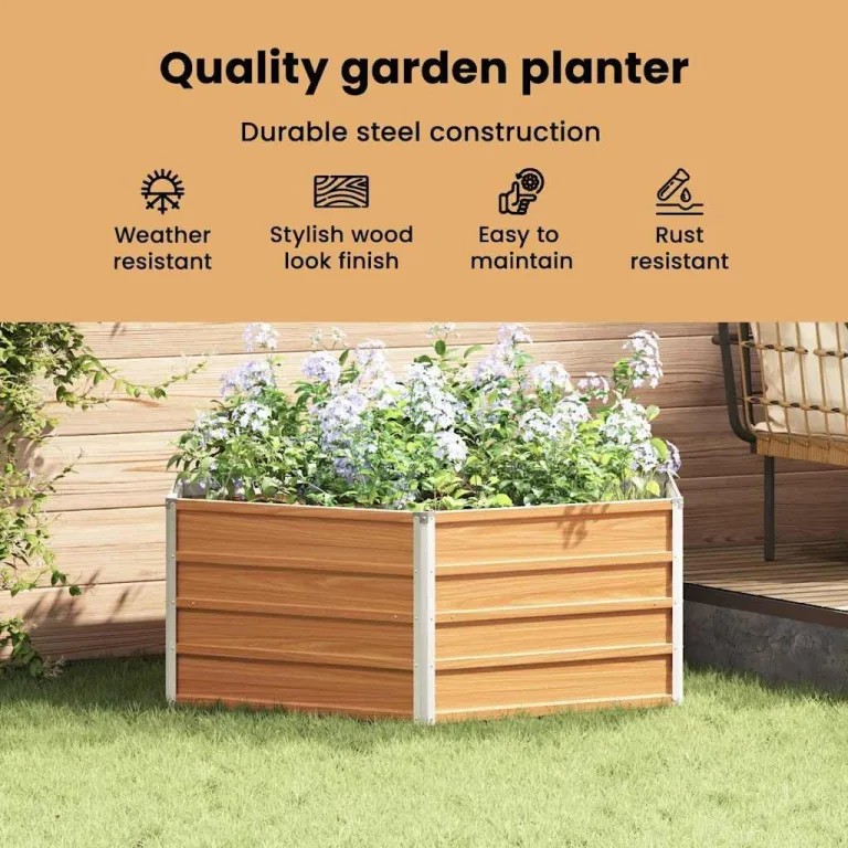 vidaXL Hochbeet im Garten Holzoptik 129 x 129 x 45 cm Verzinkter Stahl, Sechseckiger Hochbeet-Kübel, robuster Metallgarten-Container, verzinkte Terrasse für städtisches Gärtnern, modernes Design – Bild 3