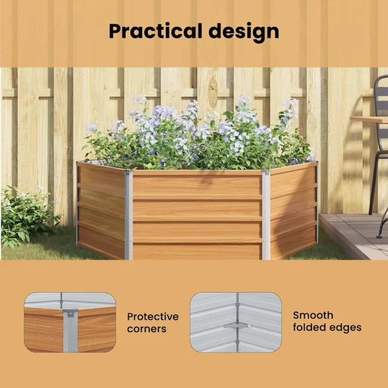 vidaXL Hochbeet im Garten Holzoptik 129 x 129 x 45 cm Verzinkter Stahl, Sechseckiger Hochbeet-Kübel, robuster Metallgarten-Container, verzinkte Terrasse für städtisches Gärtnern, modernes Design – Bild 4