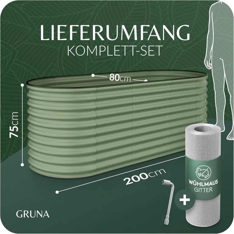 GRUNA - Hochbeet Metall 200x80x75 cm I 6 in 1 Modular Hochbeete-Kit I 100% Rostfrei I Formstabil Dank Verstrebung I Hochbeete für Garten I Hochbeet Grün (200x80x75) – Bild 2