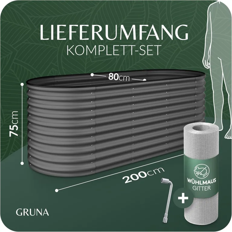 GRUNA - Hochbeet Metall 200x80x75 cm I 6 in 1 Modular Hochbeete-Kit I 100% Rostfrei I Formstabil Dank Verstrebung I Hochbeete für Garten I Hochbeet Anthrazit (200x80x75) – Bild 2
