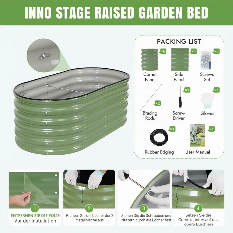 INNO STAGE Verzinktes Hochbeet-Set, 1,2 x 0,6 x 0,4 m Metall-Hochbeete für den Außenbereich zum Gärtnern, 43 cm hoch, großes Stahl-Hochbeet für Gemüse und Blumen, Terrasse, Boden, Pflanzkasten – Grün – Bild 8