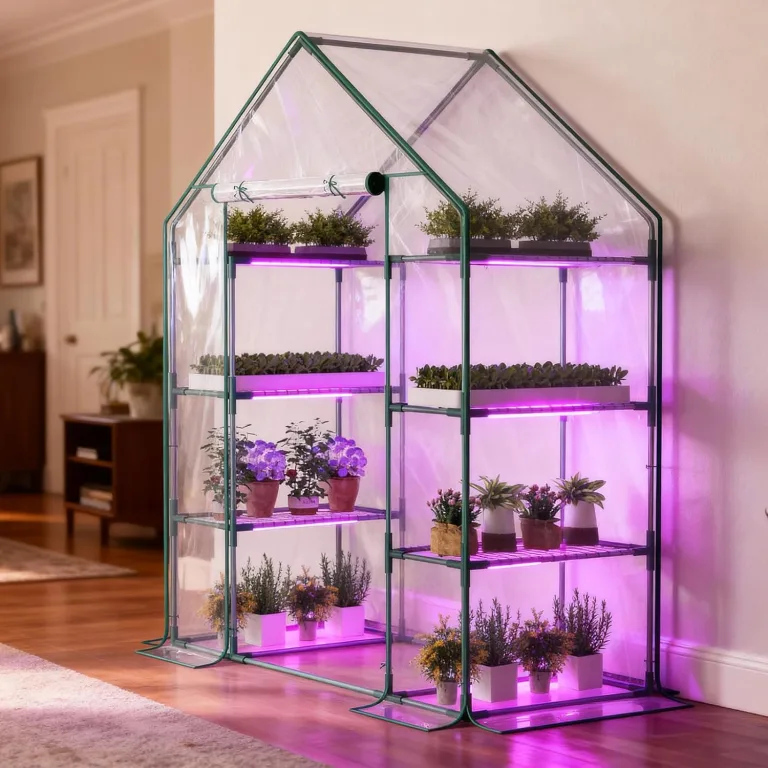SUNYRISY Gewächshaus Klein mit Grow Lampe, Premium 4 Etagen Doppelt Tomatengewächshaus Foliengewächshaus mit LED Pflanzenlampe, Pflanzen überwinterungszelt Greenhouse für Balkon, Garten – Bild 2