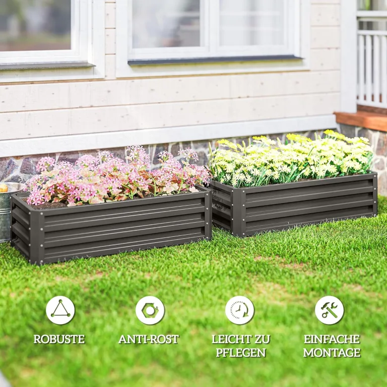 Outsunny 2er-Set Hochbeet Blumenhochbeet witterungsbeständig, Pflanzbeet Frühbeet Gartenbeet Pflanzkübel Pflanzkasten aus Verzinkter Stahl, Blumenkasten für Terrasse & Garten, 110 x 50 x 30 cm – Bild 6
