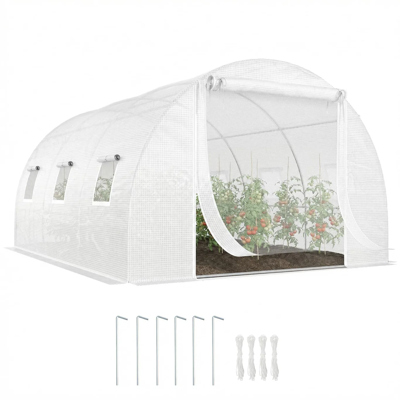 Outsunny Gewächshaus Foliengewächshaus 4x3x2m Winterfest Tomatenhaus mit 6 Aufrollbar Natzfenstern & Tür, Stahlrohr, PE Folie, stabil Folientunnel Pflanztunnel für Garten Weiß - Bild 1