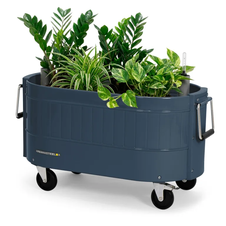 Permasteel selbstbewässerndes Gartenbeet, rollender Pflanztopf für Gemüse, Blumen, Kräuter und Obst, drinnen draußen, Laufräder, Blau