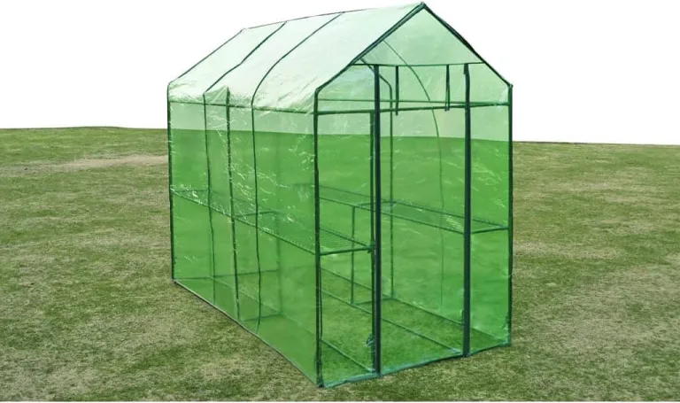 Gewächshaus mit 2 Ablagen, Faltbarer Begehbarer Technikraum mit Rolltür, Klein Winterfest Tomatenhaus für Optimales Pflanzenwachstum, 120x240x190 cm Grün PVC – Bild 3