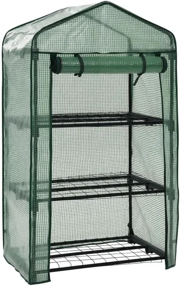 Gewächshaus mit 3 Ablagen, Faltbarer Begehbarer Technikraum mit Rolltür, Klein Tomatenhaus für Optimales Pflanzenwachstum, 69x49x125 cm Grün Polyethylen – Bild 2