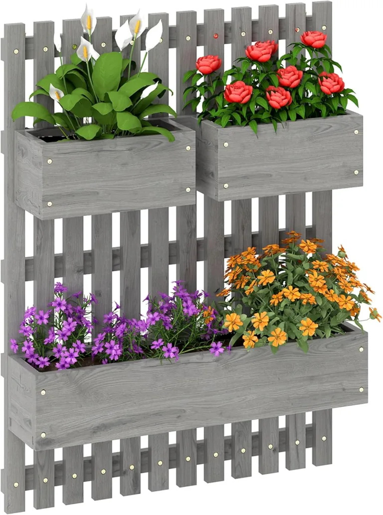 Outsunny Hochbeet Massivholz, Pflanzbeet Frühbeet Gartenbeet mit verstellbarem Blumenkasten, Wand, Pflanzkasten Pflanzkübel 60x16x80cm für Terrasse, Balkon, Gartenspalier für Blumen Pflanzen Grau – Bild 1