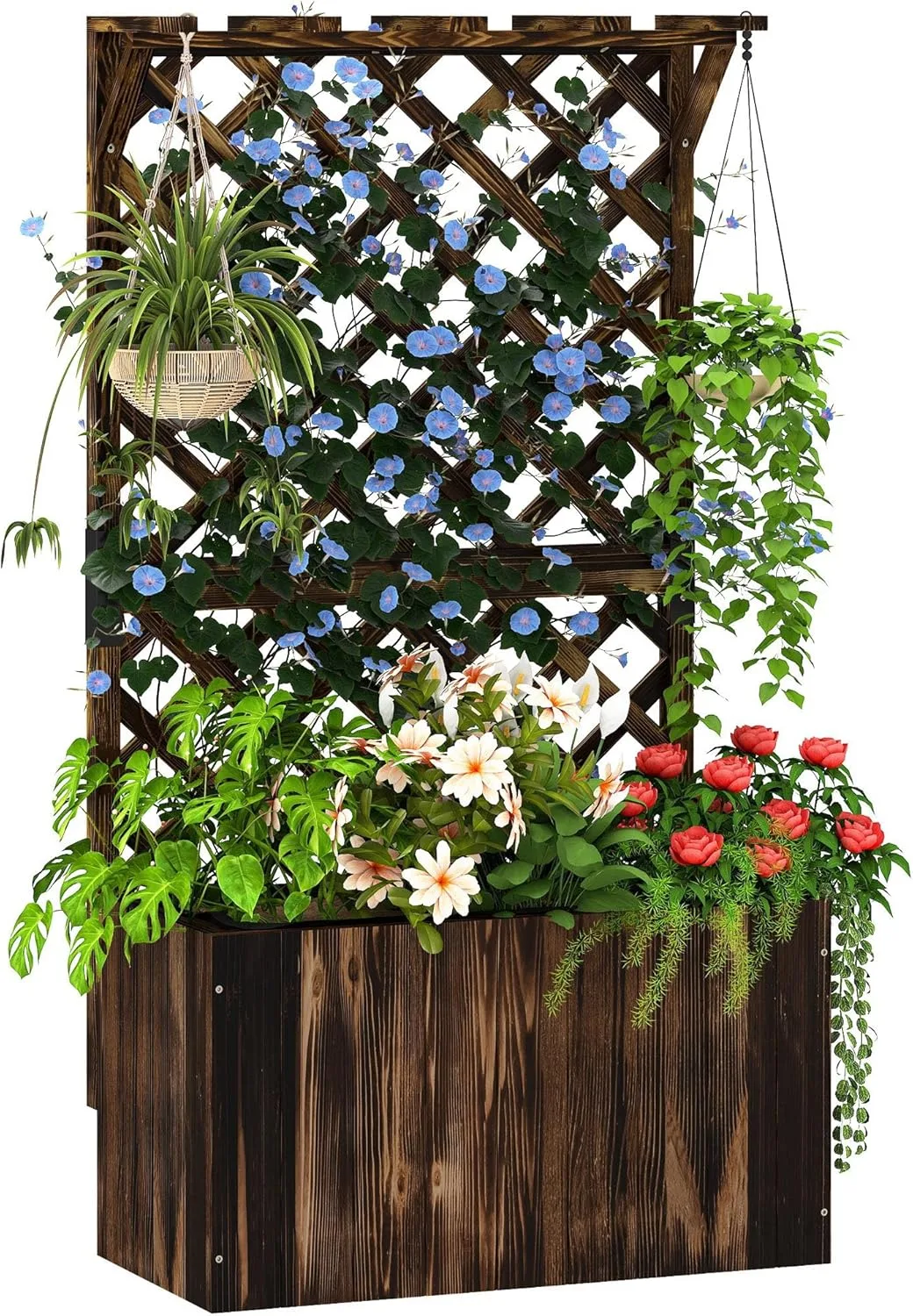 Outsunny Hochbeet Pflanzkasten mit Rankgitter Dach Spalier Pflanzkübel Blumenkasten Holz, Gartenspalier 64 x 33 x 122cm für Garten Balkon Terrasse, Blumenkübel für Kletterpflanzen Korbpflanzen, Blumen - Bild 1