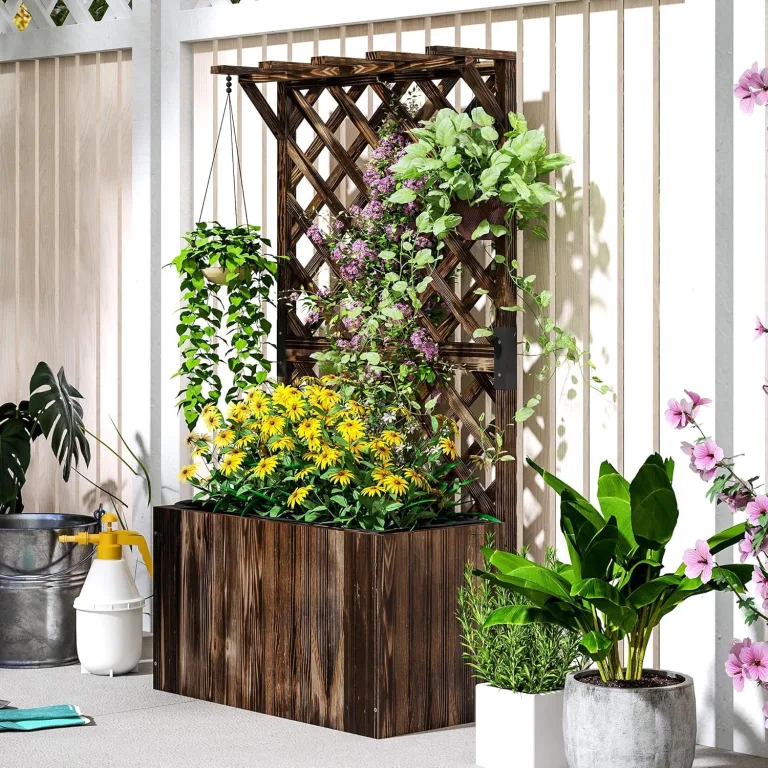 Outsunny Hochbeet Pflanzkasten mit Rankgitter Dach Spalier Pflanzkübel Blumenkasten Holz, Gartenspalier 64 x 33 x 122cm für Garten Balkon Terrasse, Blumenkübel für Kletterpflanzen Korbpflanzen, Blumen – Bild 7