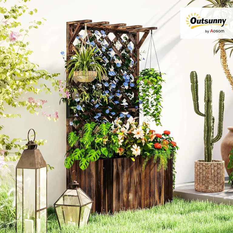Outsunny Hochbeet Pflanzkasten mit Rankgitter Dach Spalier Pflanzkübel Blumenkasten Holz, Gartenspalier 64 x 33 x 122cm für Garten Balkon Terrasse, Blumenkübel für Kletterpflanzen Korbpflanzen, Blumen – Bild 3