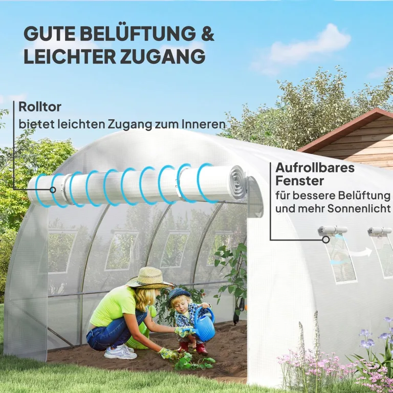 Outsunny Gewächshausfolie 3 x 4 m, wasserdicht Polyethylenfolie mit Rolltür, 8 Fenster, UV Schutz, Reißfest Gartenfolie Abdeckplane für Folientunnel Gartenarbeit, Tunnelfolie für Außenbereich Grün – Bild 3
