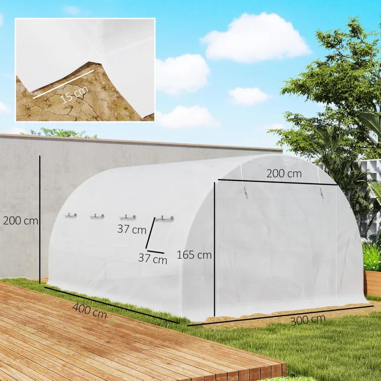 Outsunny Gewächshausfolie 3 x 4 m, wasserdicht Polyethylenfolie mit Rolltür, 8 Fenster, UV Schutz, Reißfest Gartenfolie Abdeckplane für Folientunnel Gartenarbeit, Tunnelfolie für Außenbereich Grün – Bild 7