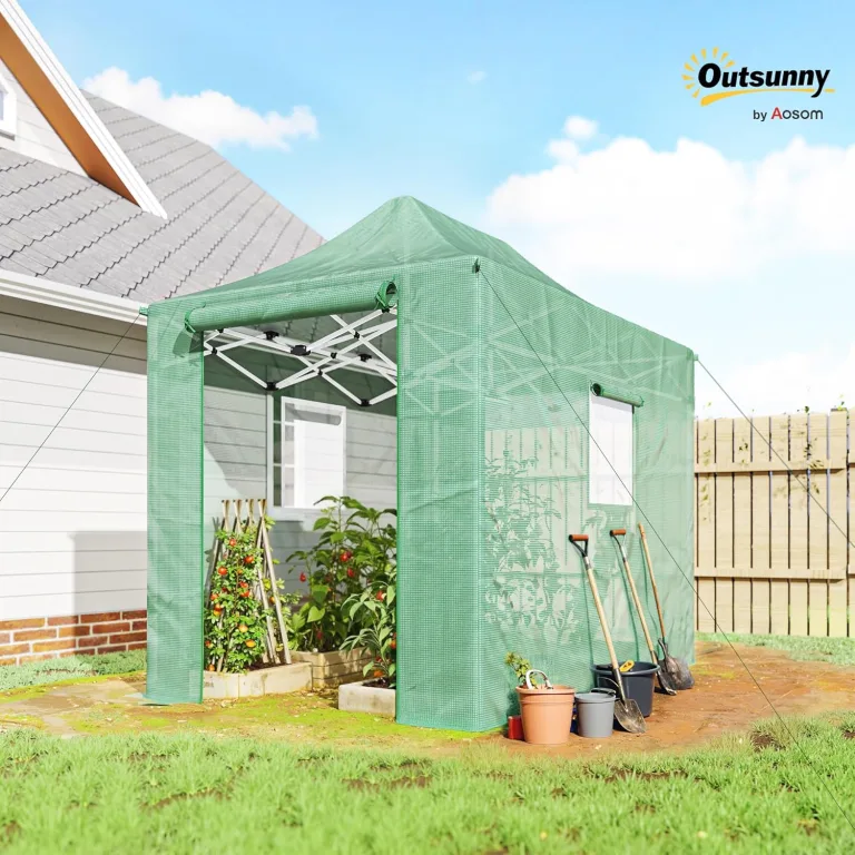 Outsunny Gewächshaus ca. 300x270x200 cm Faltbar Foliengewächshaus mit Satteldach, aufrollbaren Reißverschlusstüren und -fenstern, Pop Up Gewächshaus Tomatenhaus aus PE, stabiles Pflanztunnel Grün – Bild 2