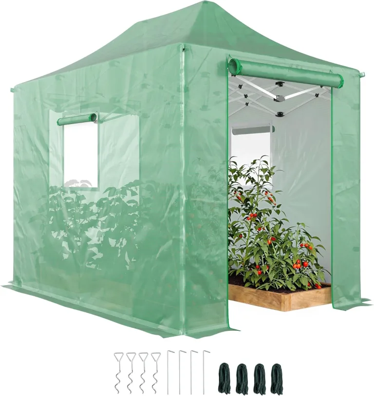 Outsunny Gewächshaus ca. 300x270x200 cm Faltbar Foliengewächshaus mit Satteldach, aufrollbaren Reißverschlusstüren und -fenstern, Pop Up Gewächshaus Tomatenhaus aus PE, stabiles Pflanztunnel Grün – Bild 1