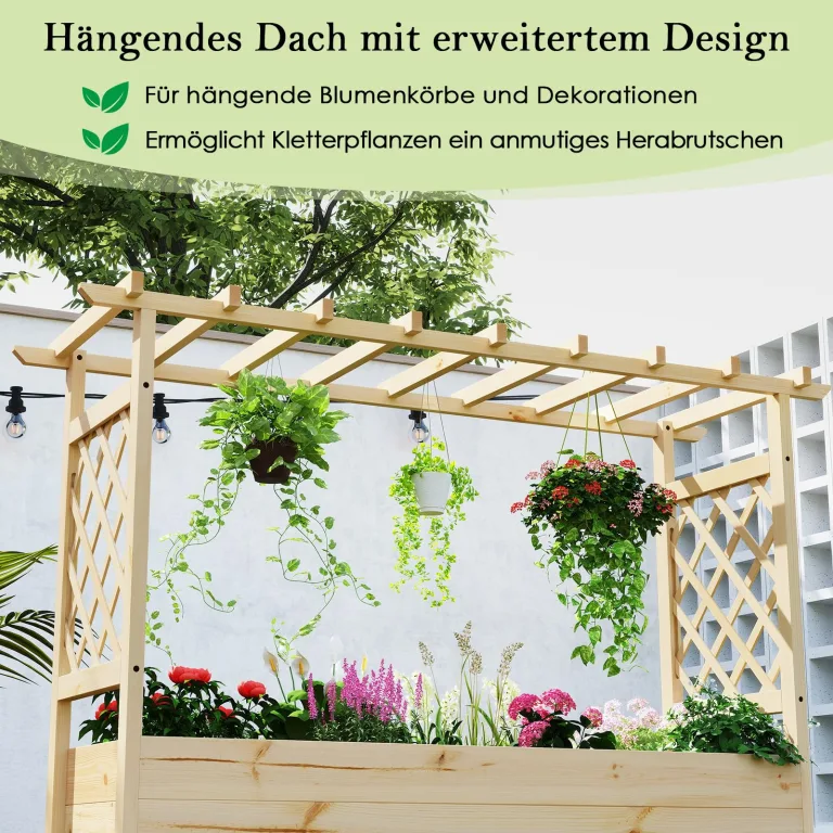 COSTWAY Hochbeet mit Rankgitter & hängendem Dach, Pflanzkasten mit Rankhilfe & Abflusslöchern, Blumenkasten für Kletterpflanzen, für Garten Hof Terrasse, Pflanzgefäß Holz, Natur, 148 x 50 x 103 cm – Bild 3