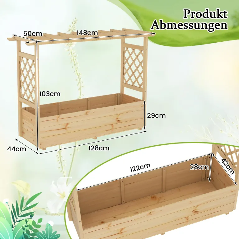 COSTWAY Hochbeet mit Rankgitter & hängendem Dach, Pflanzkasten mit Rankhilfe & Abflusslöchern, Blumenkasten für Kletterpflanzen, für Garten Hof Terrasse, Pflanzgefäß Holz, Natur, 148 x 50 x 103 cm – Bild 4