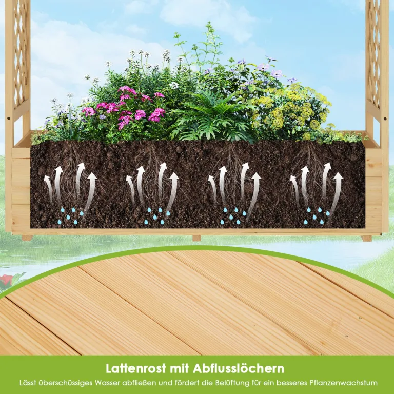 COSTWAY Hochbeet mit Rankgitter & hängendem Dach, Pflanzkasten mit Rankhilfe & Abflusslöchern, Blumenkasten für Kletterpflanzen, für Garten Hof Terrasse, Pflanzgefäß Holz, Natur, 148 x 50 x 103 cm – Bild 6