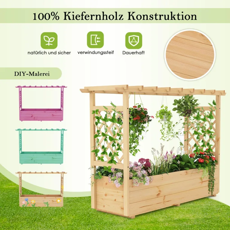 COSTWAY Hochbeet mit Rankgitter & hängendem Dach, Pflanzkasten mit Rankhilfe & Abflusslöchern, Blumenkasten für Kletterpflanzen, für Garten Hof Terrasse, Pflanzgefäß Holz, Natur, 148 x 50 x 103 cm – Bild 7
