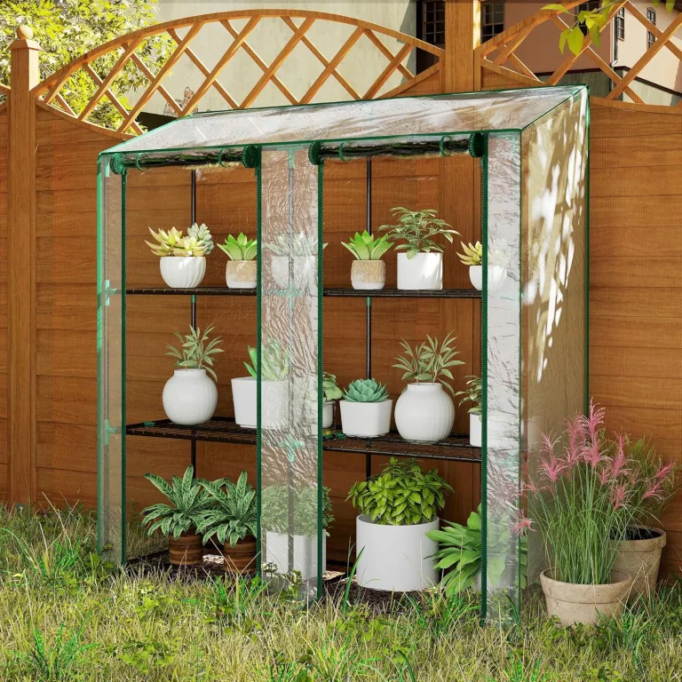 Outsunny Gewächshaus mit Regale Doppeltüren Pultdach, Winterfest Foliengewächshaus aus Stahl, Treibhaus Tomatenhaus 143 x 46 x 151cm, Tomatengewächshaus für Tomaten, Gemüse, Blumen, Transparent – Bild 10