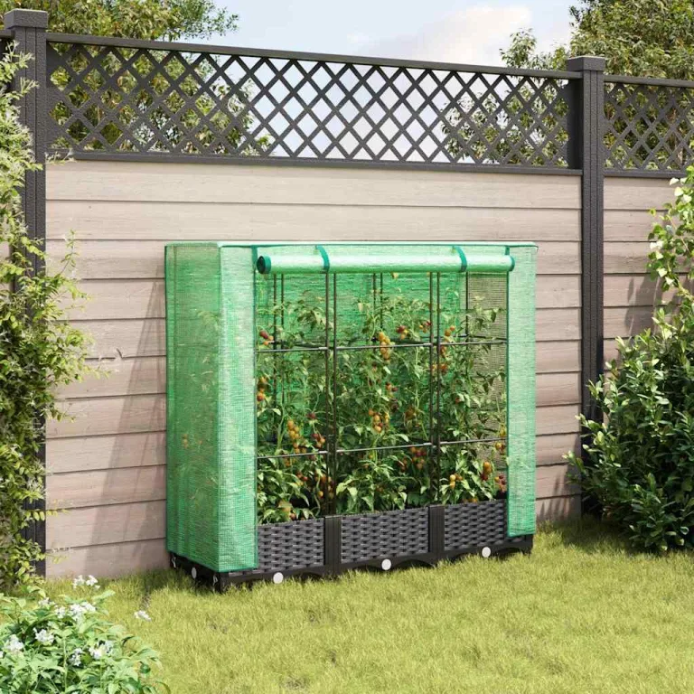 Hochbeet mit Gewächshausabdeckung 120 x 40 x 123 cm Schwarz Rattan-Look Robustes PP und Eisenrahmen für mehr Komfort im Garten Balkon und Terrasse – Bild 3