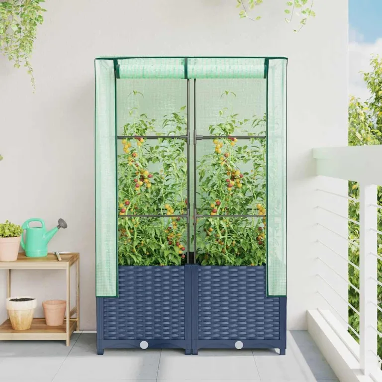 Hochbeet mit Gewächshausaufsatz 80x40x138 cm Rattan-Optik, Stabiler Eisenrahmen, wasserfestes PE-Frühbeet, BelüftungsreiÃŸverschlüsse, platzsparend für Garten Balkon und Terrasse – Bild 3