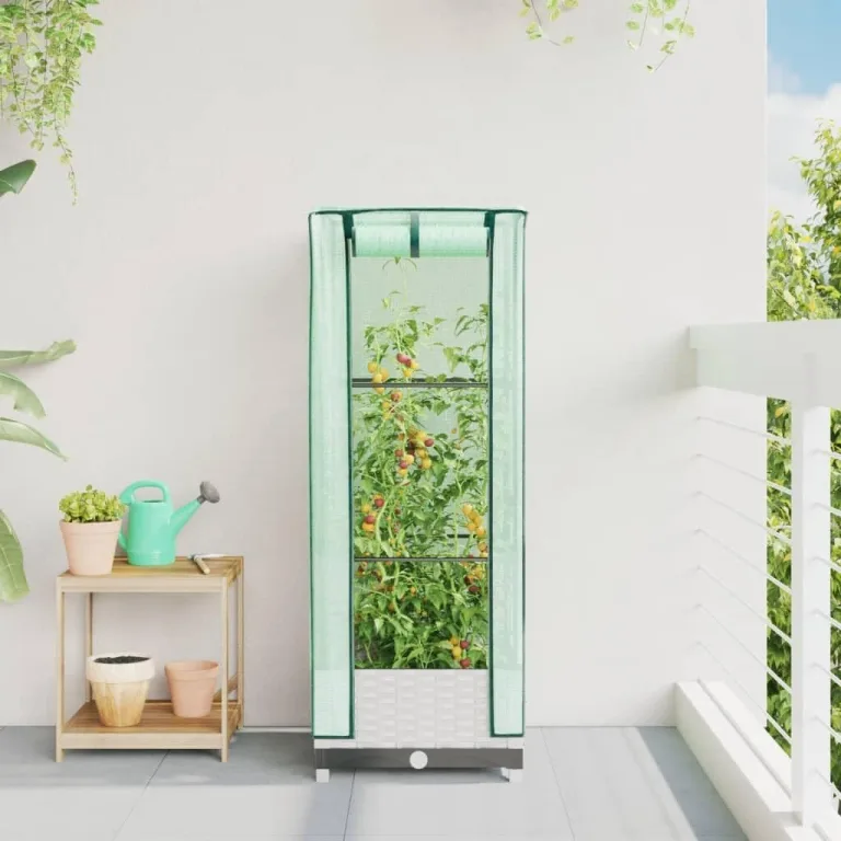 Hochbeet mit Gewächshausaufsatz 40x40x123 cm Weiß Rattan-Optik Eisen-Rahmen Tomatenhaus Frühbeet für Balkon Garten Terrasse – Bild 4