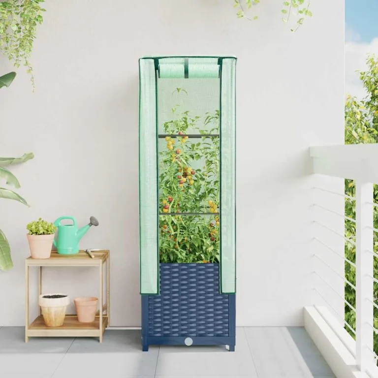 Hochbeet mit Gewächshaus 40x40x139 cm, Rattan-Optik Blaugrau, Eisenrahmen, PE-Aufsatz, für Balkon & Garten – Bild 3
