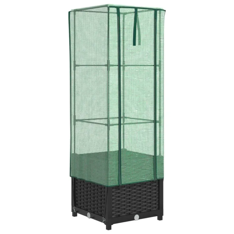 Hochbeet mit Gewächshausaufsatz 40x40x139 cm Schwarz Rattan-Look Pflanzkasten aus Eisenrohr & PP für Balkon Garten Terrasse platzsparendes Kräuterbeet mit Frühbeet-Aufsatz – Bild 2