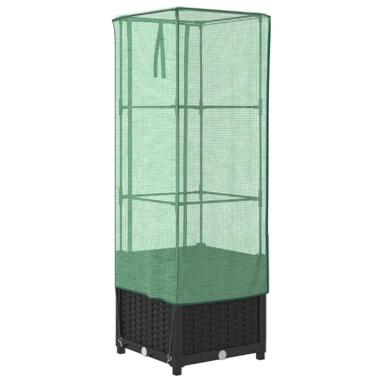 Hochbeet mit Gewächshausaufsatz 40x40x139 cm Schwarz Rattan-Look Pflanzkasten aus Eisenrohr & PP für Balkon Garten Terrasse platzsparendes Kräuterbeet mit Frühbeet-Aufsatz – Bild 6