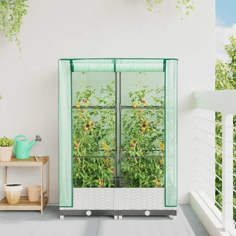 Hochbeet mit Gewächshausaufsatz 80x40x123 cm WeiÃŸ Rattan-Optik, platzsparendes Pflanzbeet aus PP & Eisenrohr für Balkon, Terrasse, Garten, mit LüftungsreiÃŸverschlüssen – Bild 3