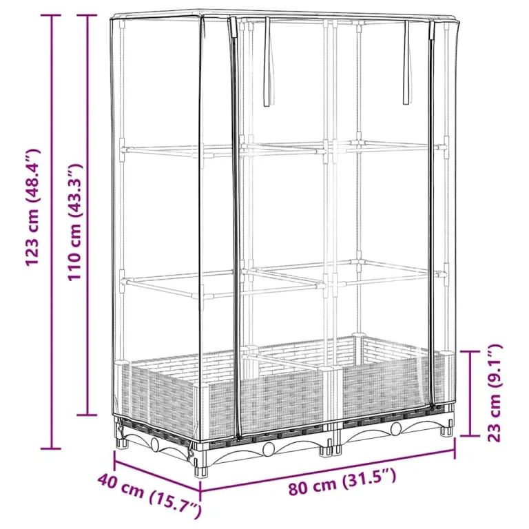 Hochbeet mit Gewächshausaufsatz 80x40x123 cm WeiÃŸ Rattan-Optik, platzsparendes Pflanzbeet aus PP & Eisenrohr für Balkon, Terrasse, Garten, mit LüftungsreiÃŸverschlüssen – Bild 9