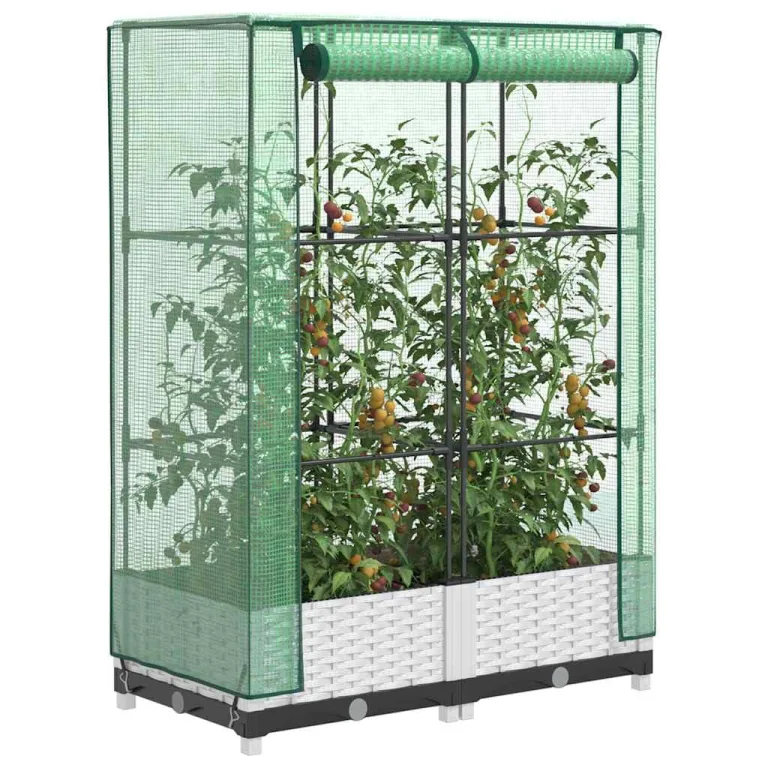 Hochbeet mit Gewächshausaufsatz 80x40x123 cm WeiÃŸ Rattan-Optik, platzsparendes Pflanzbeet aus PP & Eisenrohr für Balkon, Terrasse, Garten, mit LüftungsreiÃŸverschlüssen – Bild 1