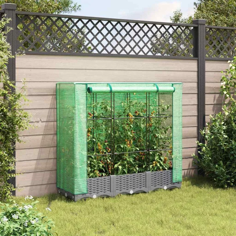 Hochbeet mit Gewächshausaufsatz 120x40x123 cm, PP mit Eisenrahmen, Rattan-Optik hellgrau, wetterfest für Balkon, Terrasse, Garten – Bild 3