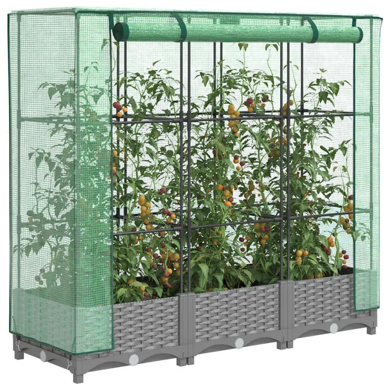 Hochbeet mit Gewächshausaufsatz 120x40x123 cm, PP mit Eisenrahmen, Rattan-Optik hellgrau, wetterfest für Balkon, Terrasse, Garten – Bild 1