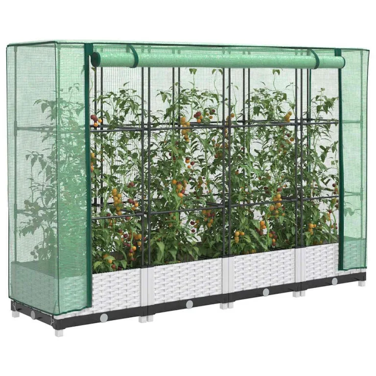 Hochbeet 160x40x123 cm weiÃŸ mit Gewächshaus Frühbeetaufsatz Rattanoptik aus robustem Polypropylen und Eisenrahmen platzsparendes Pflanzkübel für Garten Balkon Terrasse – Bild 1