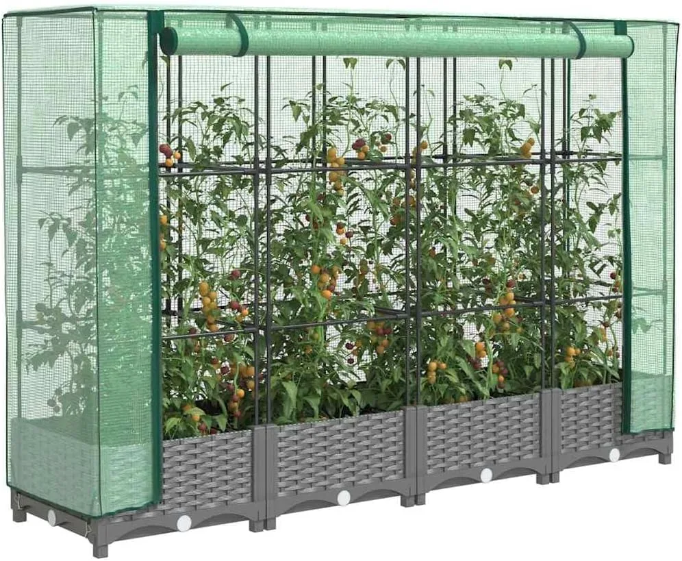 Balkon Hochbeet, Pflanzkübel, Stabil Hochbeete, Pflanzbeet, Hochbeet mit Gewächshaus Aufsatz Rattan Optik 160x40x123 cm Für Terrasse, Gartencenter, Dachgarten, Einfache Montage